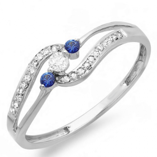 0.20 Carat (ctw) 10k White Gold Round Blue Sapphire And White Diamond Ladies 3 stone Engagement Promise Ring 1/5 CT