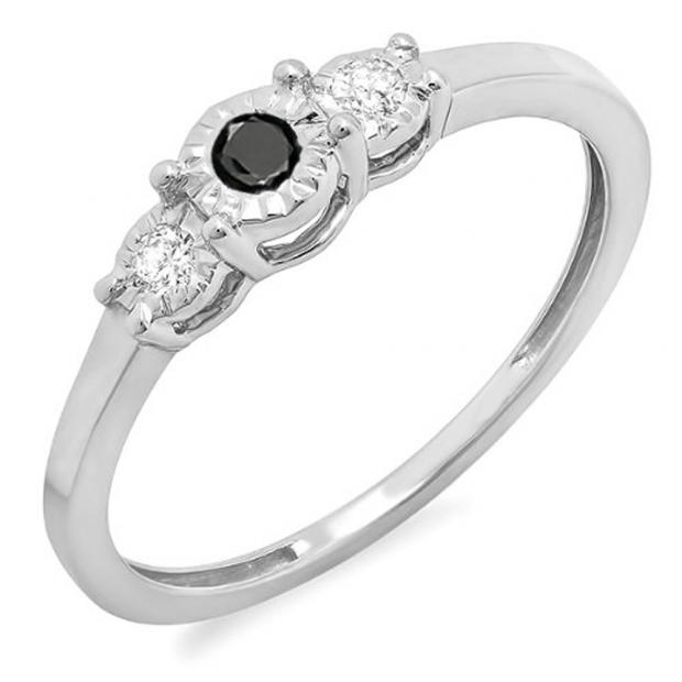 0.20 Carat (ctw) Sterling Silver Round Black And White Diamond Ladies 3 stone Engagement Promise Ring 1/5 CT