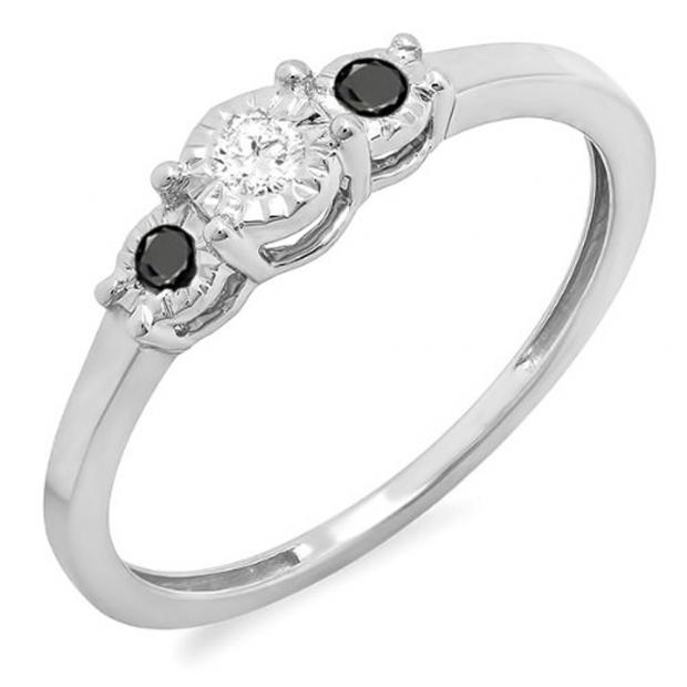 0.20 Carat (ctw) Sterling Silver Round Black And White Diamond Ladies 3 stone Engagement Promise Ring 1/5 CT