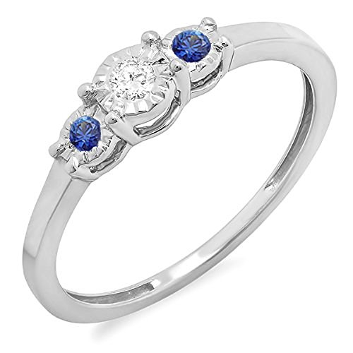 0.20 Carat (ctw) Sterling Silver Round Blue Sapphire And White Diamond Ladies 3 stone Engagement Promise Ring 1/5 CT