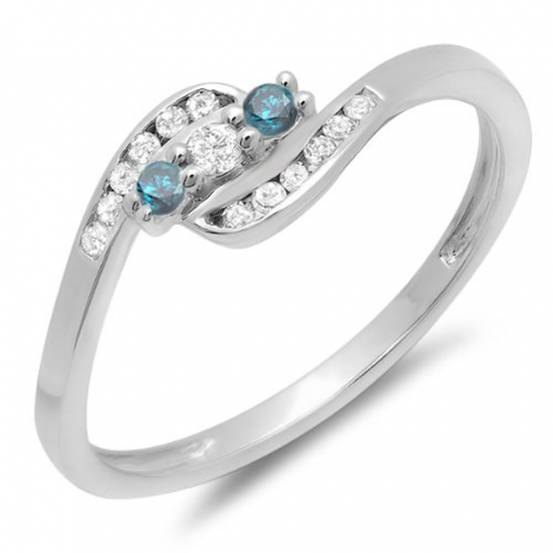 0.25 Carat (ctw) 10K White Gold Round Blue And White Diamond Ladies Anniversary Promise Wedding Ring