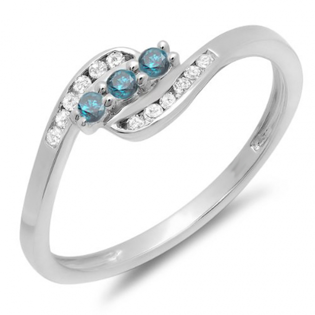 0.25 Carat (ctw) 10K White Gold Round Blue And White Diamond Ladies Anniversary Promise Wedding Ring