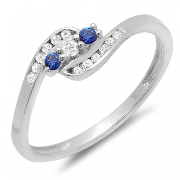 0.25 Carat (ctw) 10K White Gold Round Blue Sapphire And White Diamond Ladies Anniversary Promise Wedding Ring