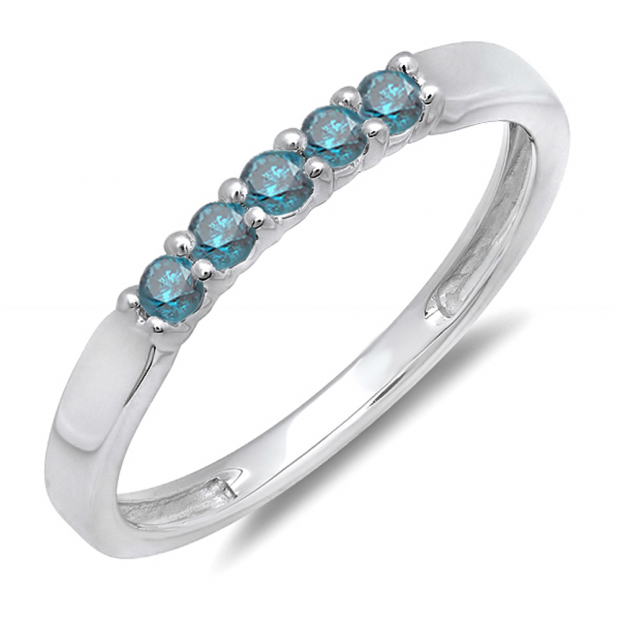 0.25 Carat (ctw) 10k White Gold Round Blue Diamond 5 Stone Ladies Anniversary Wedding Band Ring 1/4 CT