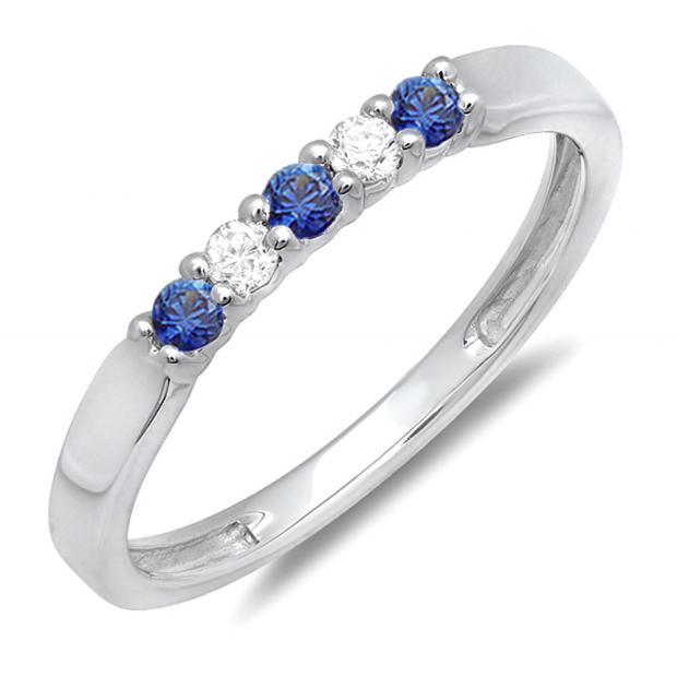 0.25 Carat (ctw) 10k White Gold Round Blue Sapphire And White Diamond 5 Stone Ladies Anniversary Wedding Band Ring 1/4 CT