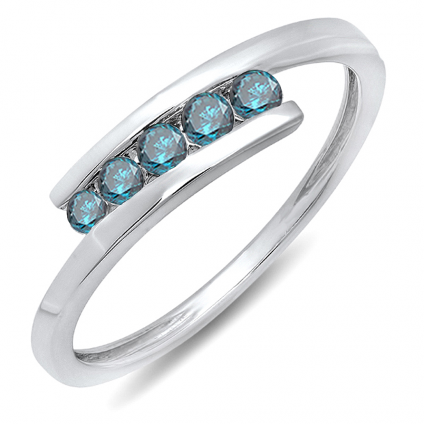 0.25 Carat (ctw) 10K White Gold Round Blue Diamond Ladies 5 Stone Bridal Promise Ring