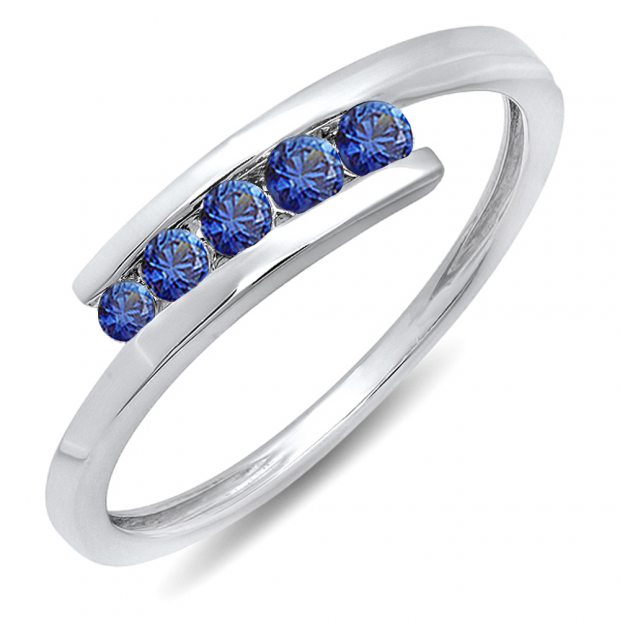 0.25 Carat (ctw) 10K White Gold Round Blue Sapphire Ladies 5 Stone Bridal Promise Ring