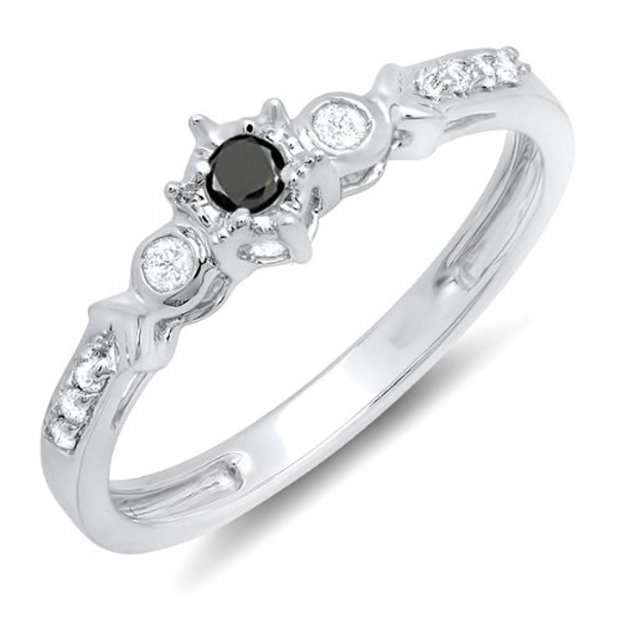 0.20 Carat (ctw) 10k White Gold Round Black And White Diamond 3 Stone Ladies Bridal Engagement Promise Ring 1/5 CT