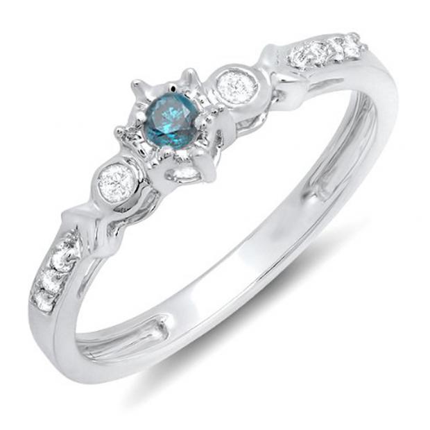 0.20 Carat (ctw) 10k White Gold Round Blue And White Diamond 3 Stone Ladies Bridal Engagement Promise Ring 1/5 CT