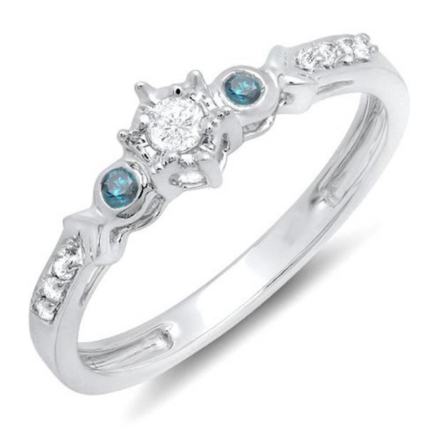 0.20 Carat (ctw) 10k White Gold Round Blue And White Diamond 3 Stone Ladies Bridal Engagement Promise Ring 1/5 CT