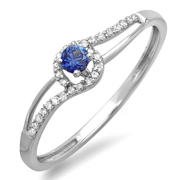 0.16 Carat (ctw) 10k White Gold Round Cut Blue Sapphire And White Diamond Ladies Engagement Bridal Promise Ring