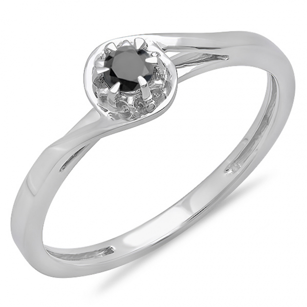 0.12 Carat (ctw) 10K White Gold Round Cut Black Diamond Ladies Twisted Style Solitaire Bridal Promise Ring