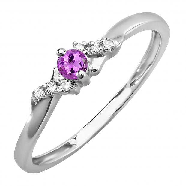 0.18 Carat (ctw) 10k White Gold Round Amethyst & White Diamond Ladies Bridal Promise Engagement Ring