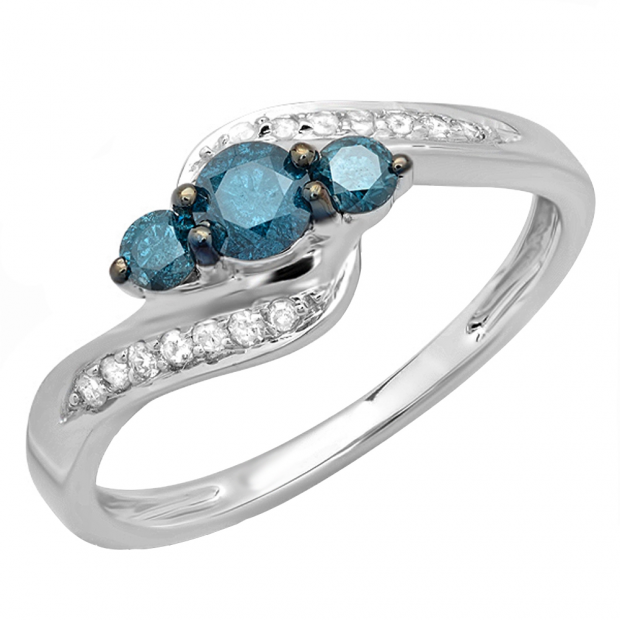 0.75 Carat (ctw) 14k White Gold Round Blue And White Diamond Ladies Swirl Engagement 3 Stone Bridal Ring 3/4 CT
