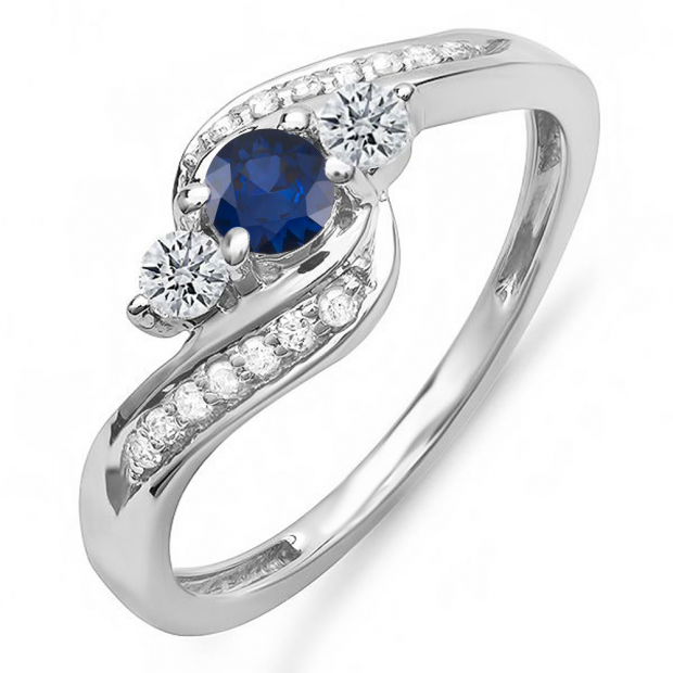 1.00 Carat (ctw) 14k White Gold Round Blue Sapphire And White Diamond Ladies Swirl Engagement 3 Stone Bridal Ring 1 CT