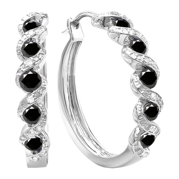 0.86 Carat (ctw) Sterling Silver Black and White Round Diamond Ladies Hoop Earrings
