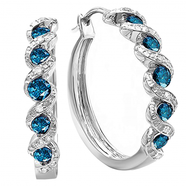 0.86 Carat (ctw) Sterling Silver Blue and White Round Diamond Ladies Hoop Earrings