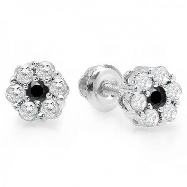 0.40 Carat (ctw) 14K White Gold Round Cut White & Black Diamond Ladies Cluster Flower Stud Earrings