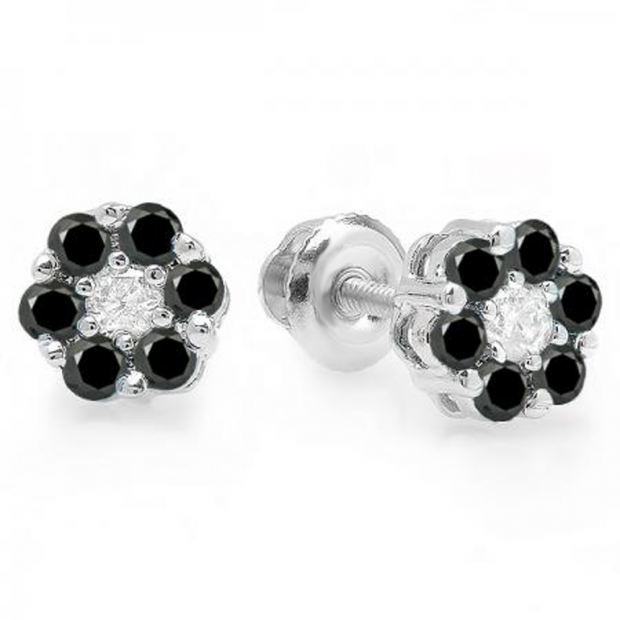 0.40 Carat (ctw) 10K White Gold Round Cut White & Black Diamond Ladies Cluster Flower Stud Earrings