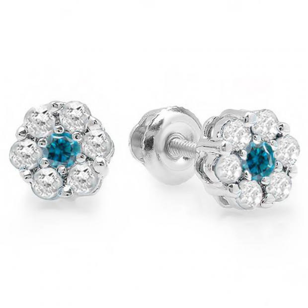 0.40 Carat (ctw) 10K White Gold Round Cut White & Blue Diamond Ladies Cluster Flower Stud Earrings