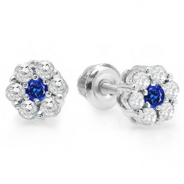 0.40 Carat (ctw) 10K White Gold Round Cut White Diamond & Blue Sapphire Ladies Cluster Flower Stud Earrings