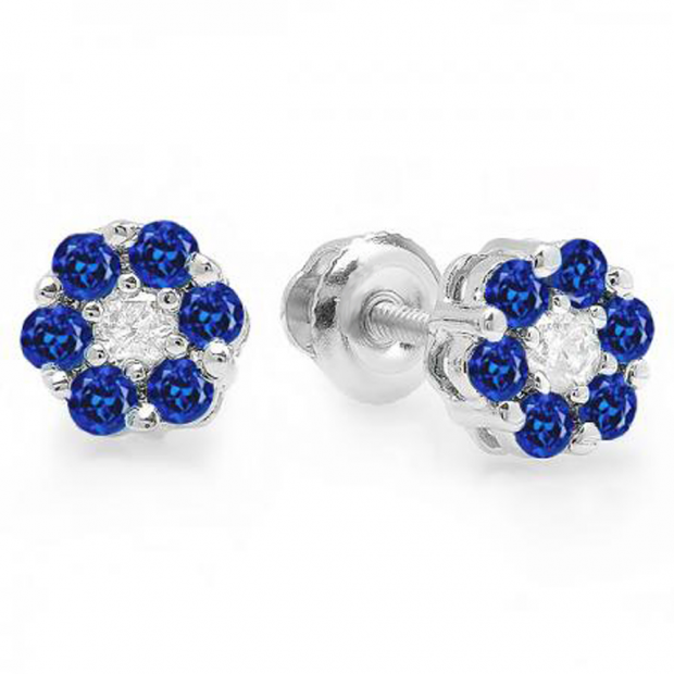 0.40 Carat (ctw) 10K White Gold Round Cut White Diamond & Blue Sapphire Ladies Cluster Flower Stud Earrings