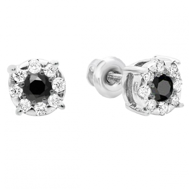 0.33 Carat (ctw) 14K White Gold Round Cut Black & White Diamond Round Shape Cluster Earrings 1/3 CT Look of 1 CT