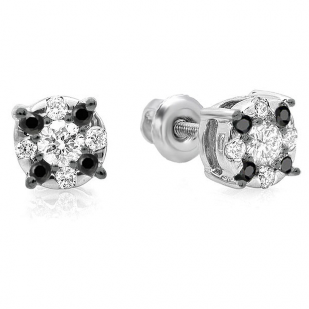 0.33 Carat (ctw) 10K White Gold Round Cut Black & White Diamond Round Shape Cluster Earrings 1/3 CT Look of 1 CT