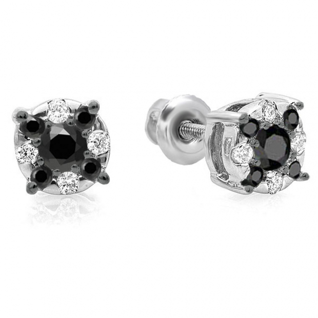0.33 Carat (ctw) 14K White Gold Round Cut Black & White Diamond Round Shape Cluster Earrings 1/3 CT Look of 1 CT