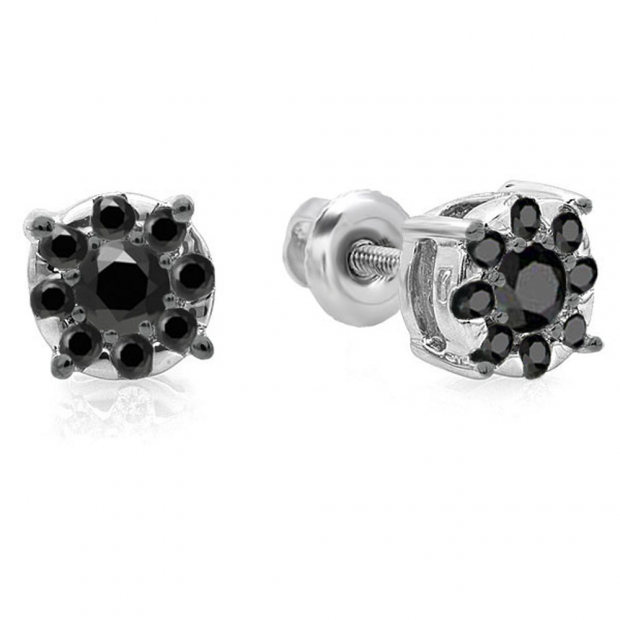 0.33 Carat (ctw) 14K White Gold Round Cut Black Diamond Round Shape Cluster Earrings 1/3 CT Look of 1 CT