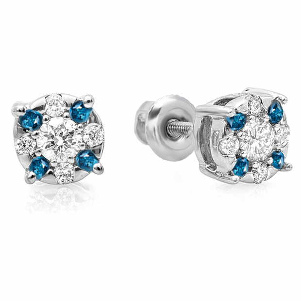 0.33 Carat (ctw) 14K White Gold Round Cut Blue & White Diamond Round Shape Cluster Earrings 1/3 CT Look of 1 CT