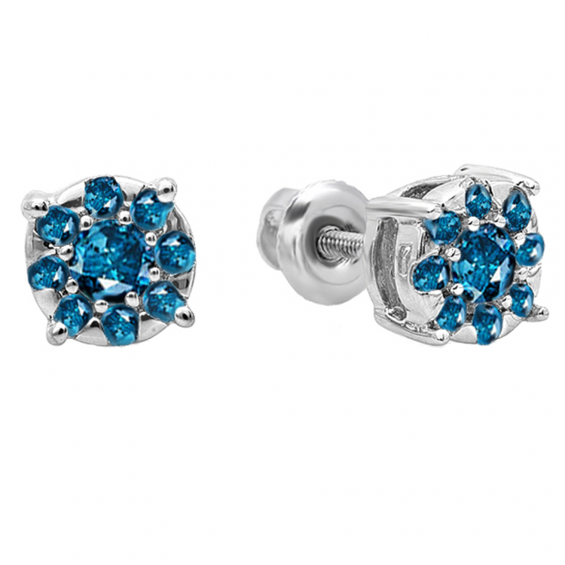 0.33 Carat (ctw) 14K White Gold Round Cut Blue Diamond Round Shape Cluster Earrings 1/3 CT Look of 1 CT