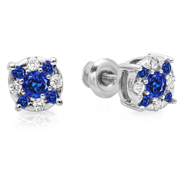 0.33 Carat (ctw) 14K White Gold Round Cut Blue Sapphire & White Diamond Round Shape Cluster Earrings 1/3 CT Look of 1 CT