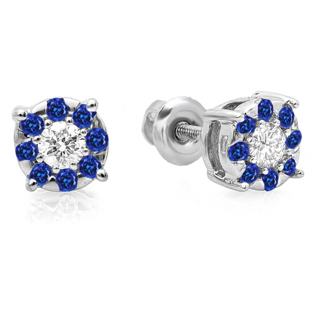0.33 Carat (ctw) 10K White Gold Round Cut Blue Sapphire & White Diamond Round Shape Cluster Earrings 1/3 CT Look of 1 CT