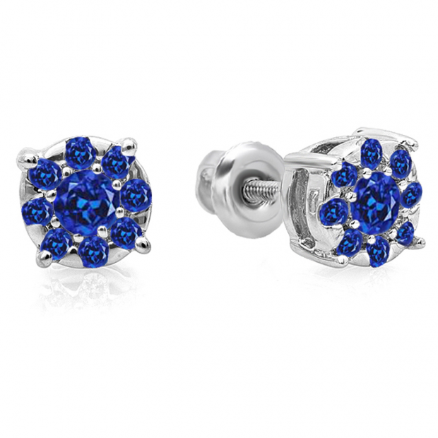 0.33 Carat (ctw) 14K White Gold Round Cut Blue Sapphire Round Shape Cluster Earrings 1/3 CT Look of 1 CT