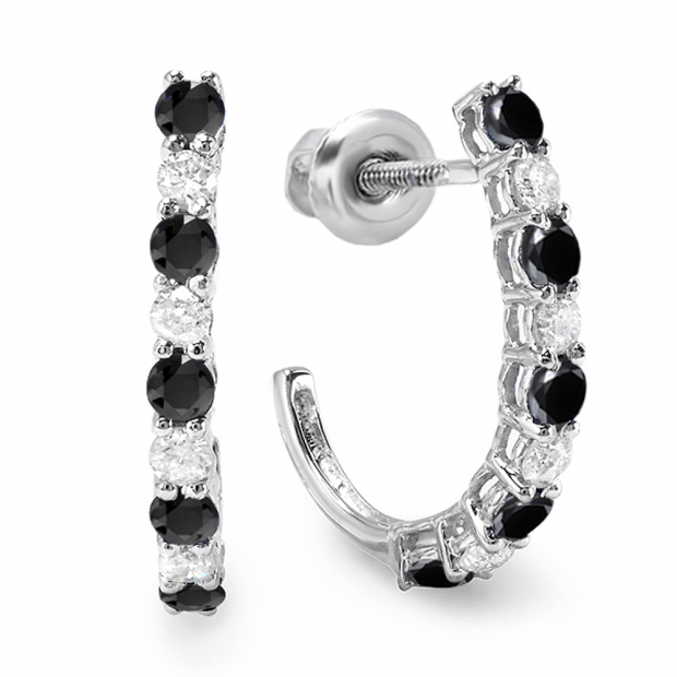 0.50 Carat (ctw) 10K White Gold Round Black & White Diamonds Ladies Fancy J Shaped Hoop Earrings 1/2 CT