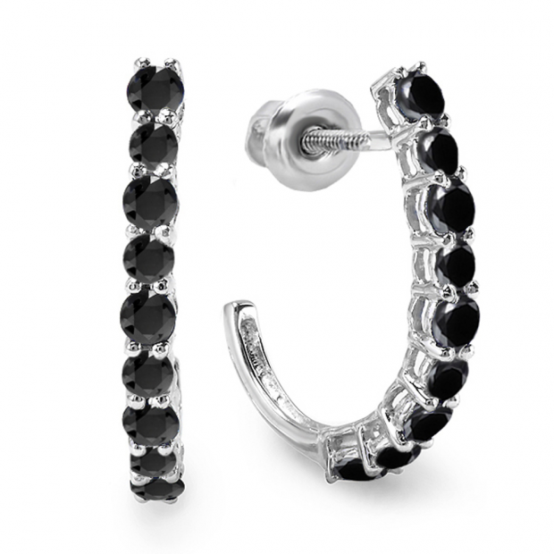 0.50 Carat (ctw) 10K White Gold Round Black Diamonds Ladies Fancy J Shaped Hoop Earrings 1/2 CT
