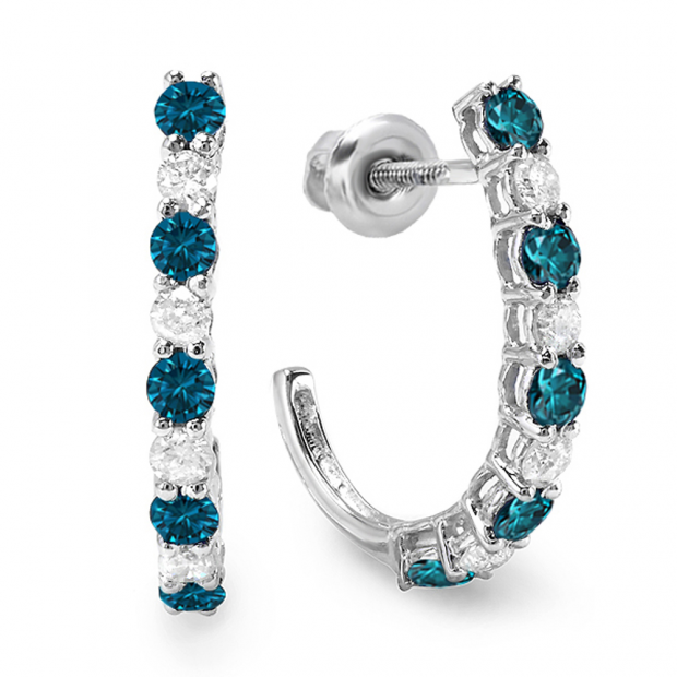 0.35 Carat (ctw) 10K White Gold Round Blue & White Diamonds Ladies Fancy J Shaped Hoop Earrings 1/3 CT