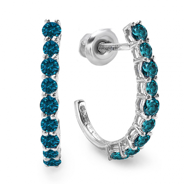0.50 Carat (ctw) 10K White Gold Round Blue Diamonds Ladies Fancy J Shaped Hoop Earrings 1/2 CT