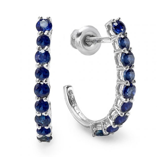 0.50 Carat (ctw) 10K White Gold Round Blue Sapphire Ladies Fancy J Shaped Hoop Earrings 1/2 CT