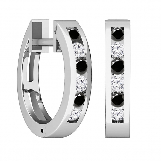 0.36 Carat (ctw) 14k White Gold Round Black & White Diamond Ladies Huggie Hoop Earrings 1/3 CT