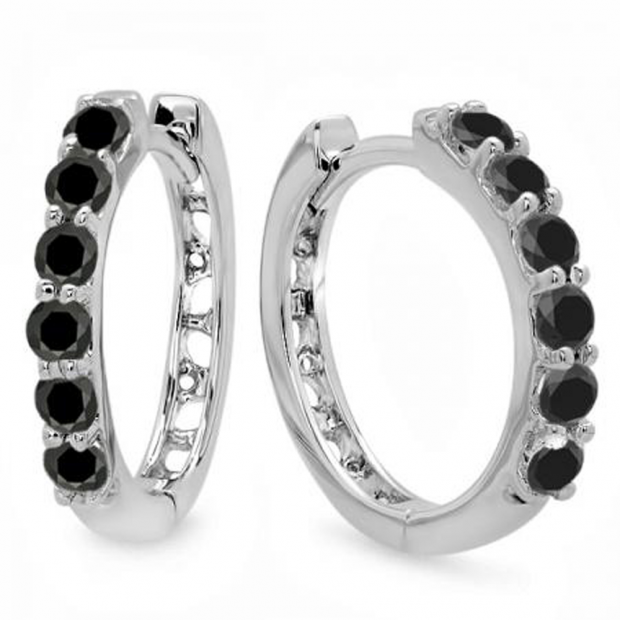 0.33 Carat (ctw) 18k White Gold Round Black Diamond Ladies Huggies Hoop Earrings 1/3 CT