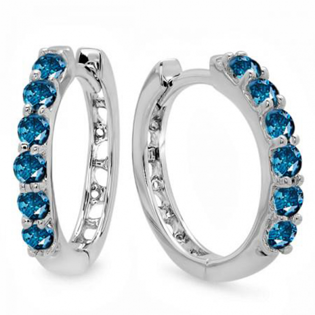 0.33 Carat (ctw) 14k White Gold Round Blue Diamond Ladies Huggies Hoop Earrings 1/3 CT