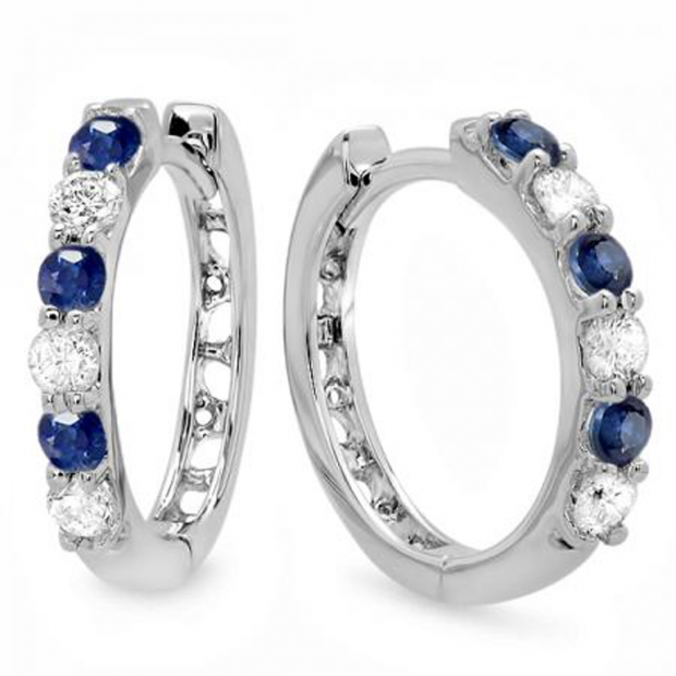 0.33 Carat (ctw) 10k White Gold Round Blue Sapphire & White Diamond Ladies Huggies Hoop Earrings 1/3 CT
