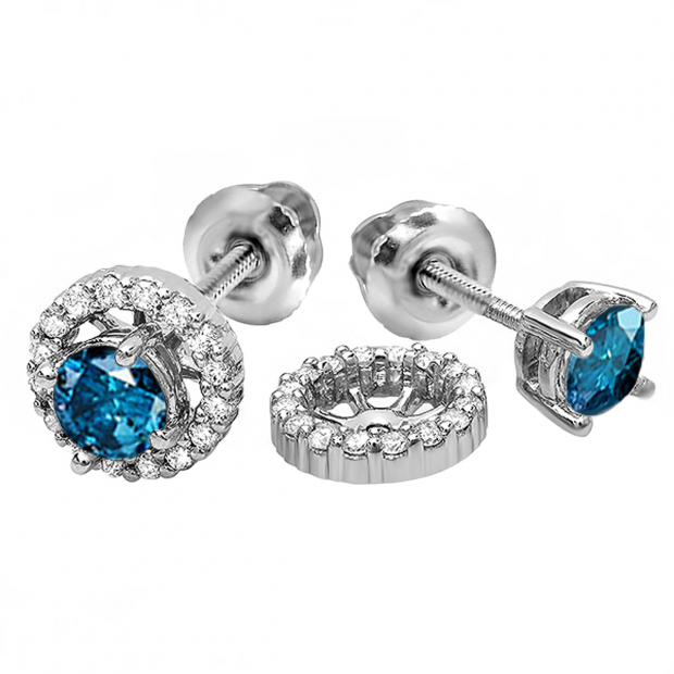 1.10 Carat (ctw) 14k White Gold Round Blue & White Diamond Ladies Halo Stud Earrings With Removable Jackets 1 1/10 CT