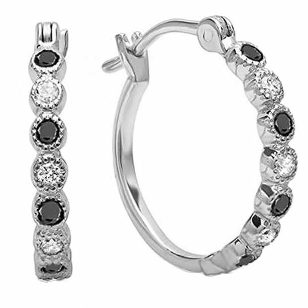 0.25 Carat (ctw) 10K White Gold Round White & Black Diamond Ladies Fine Dainty Hoop Earrings 1/4 CT