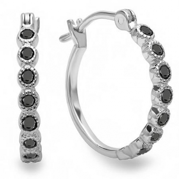0.25 Carat (ctw) 10K White Gold Round Black Diamond Ladies Fine Dainty Hoop Earrings 1/4 CT