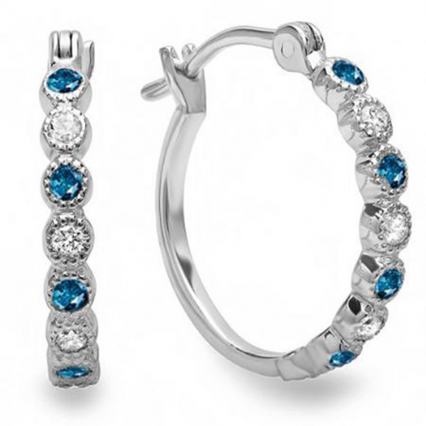 0.25 Carat (ctw) 10K White Gold Round White & Blue Diamond Ladies Fine Dainty Hoop Earrings 1/4 CT