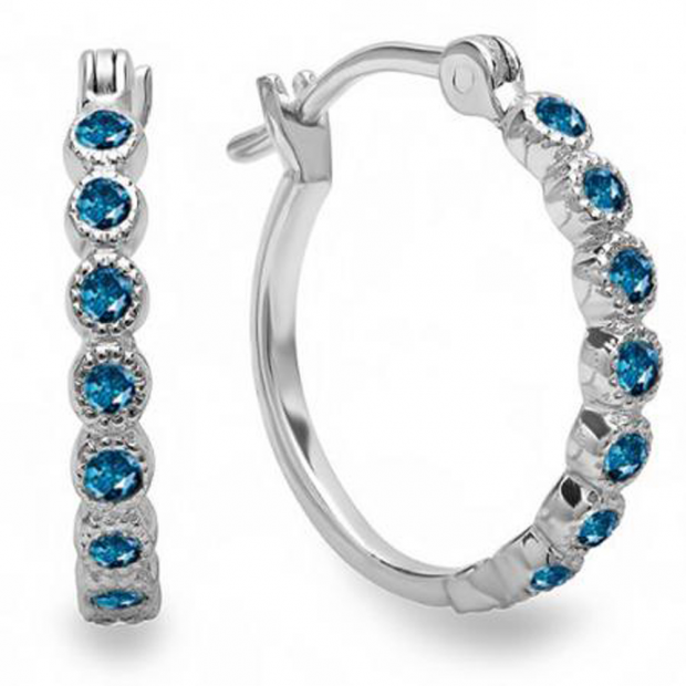 0.25 Carat (ctw) 10K White Gold Round Blue Diamond Ladies Fine Dainty Hoop Earrings 1/4 CT