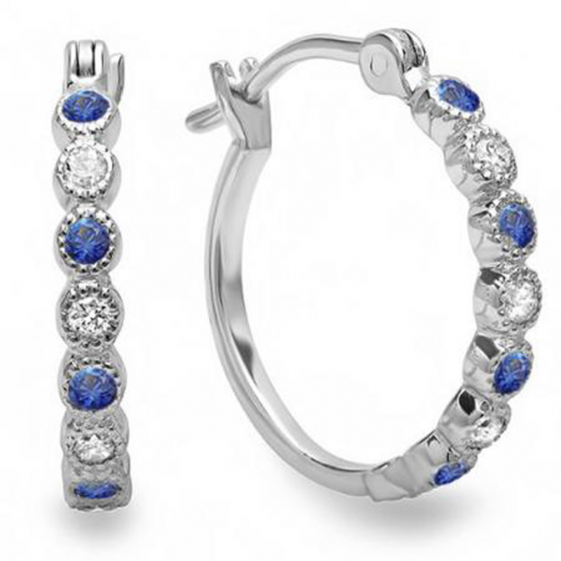 0.25 Carat (ctw) 10K White Gold Round White Diamond & Blue Sapphire Ladies Fine Dainty Hoop Earrings 1/4 CT